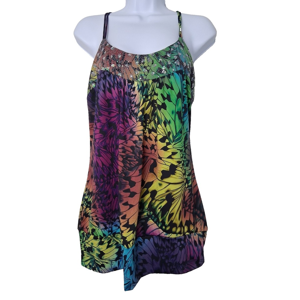 Y2K Vintage Butterfly Sequin Trim Racer Back‎ Tunic Tank Top Indie Sleaze Grunge